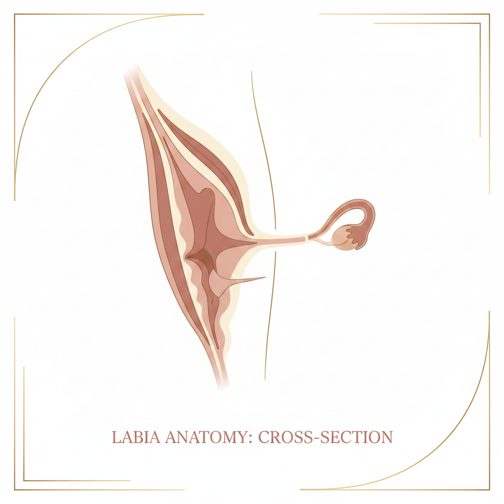 ภาพผ่าตัดข้างอธิบายความสัมพันธ์ระหว่างเลเบียยื่นกับช่องคลอด ปากมดลูก และมดลูก
